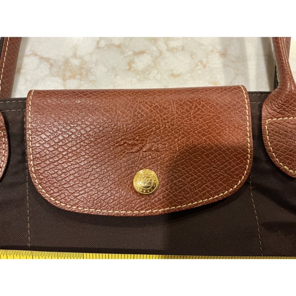 Longchamp Tote Bag Brown Leather Trim Logo Nylon Travel Shopping Shoulder - Picture 11 of 14